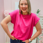 Casual Outing Slub Rolled Sleeve Top in Pink