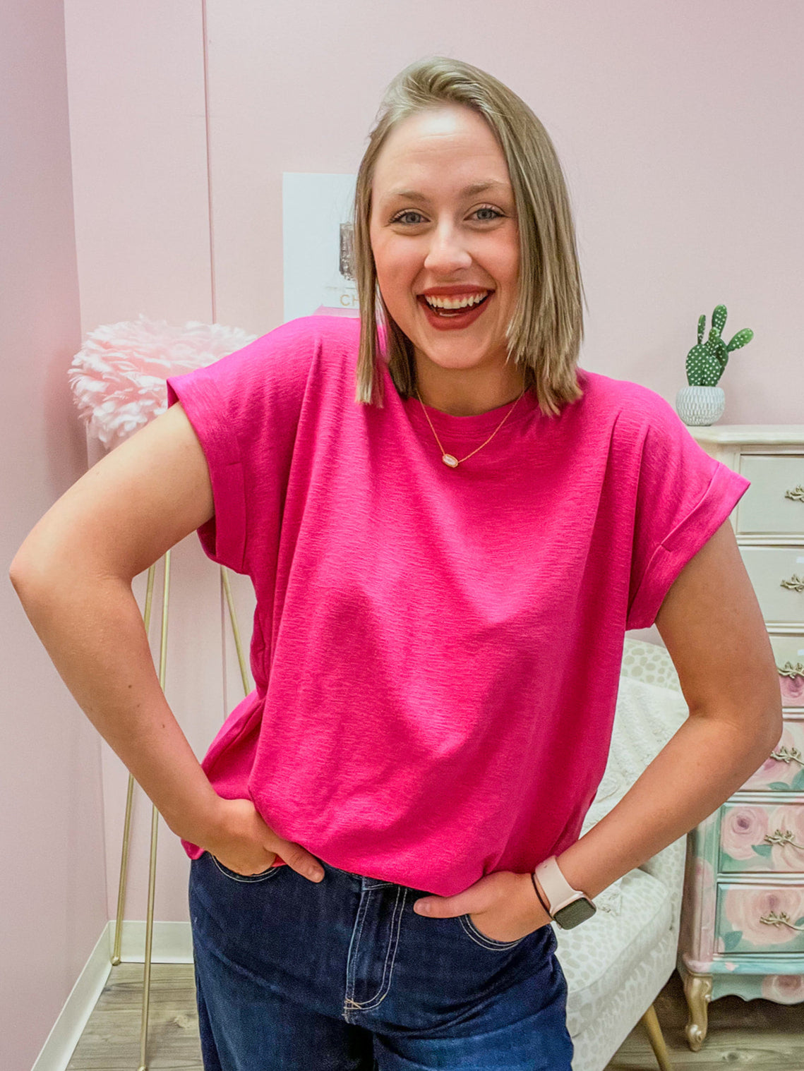 Casual Outing Slub Rolled Sleeve Top in Pink