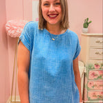 Casual Conversation Acid Washed Gauze Top in Sky Blue