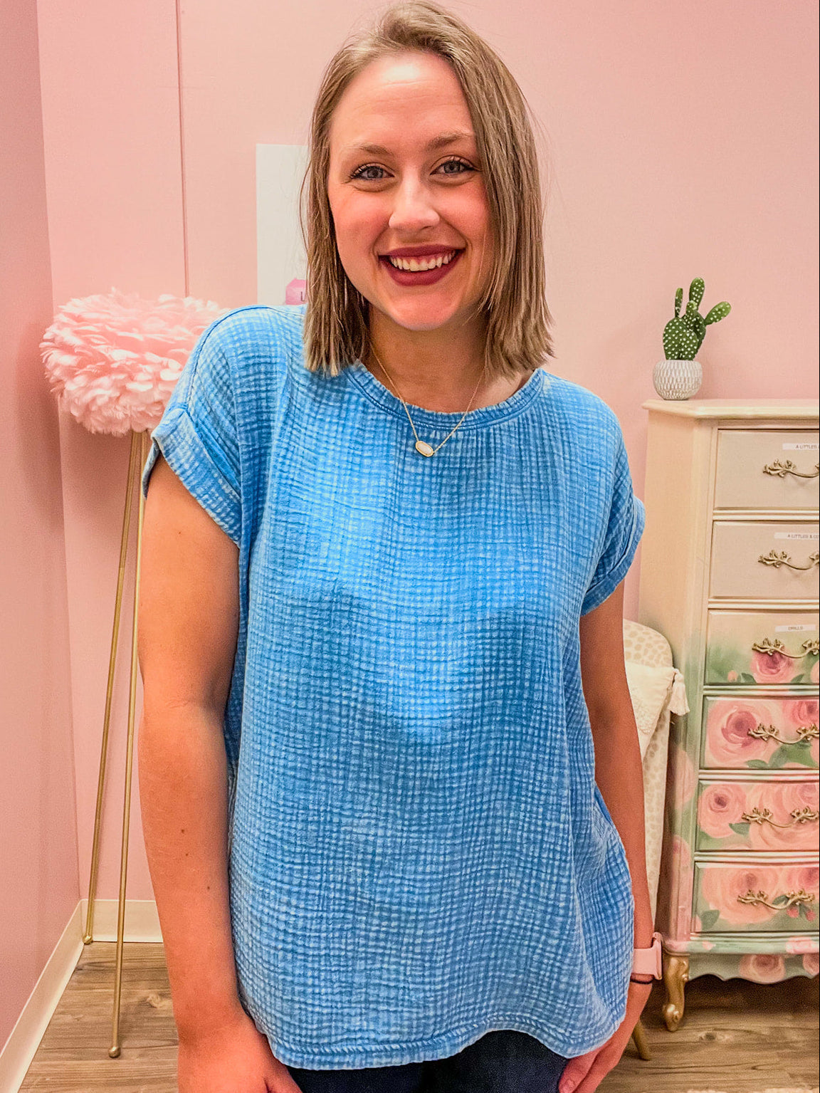Casual Conversation Acid Washed Gauze Top in Sky Blue