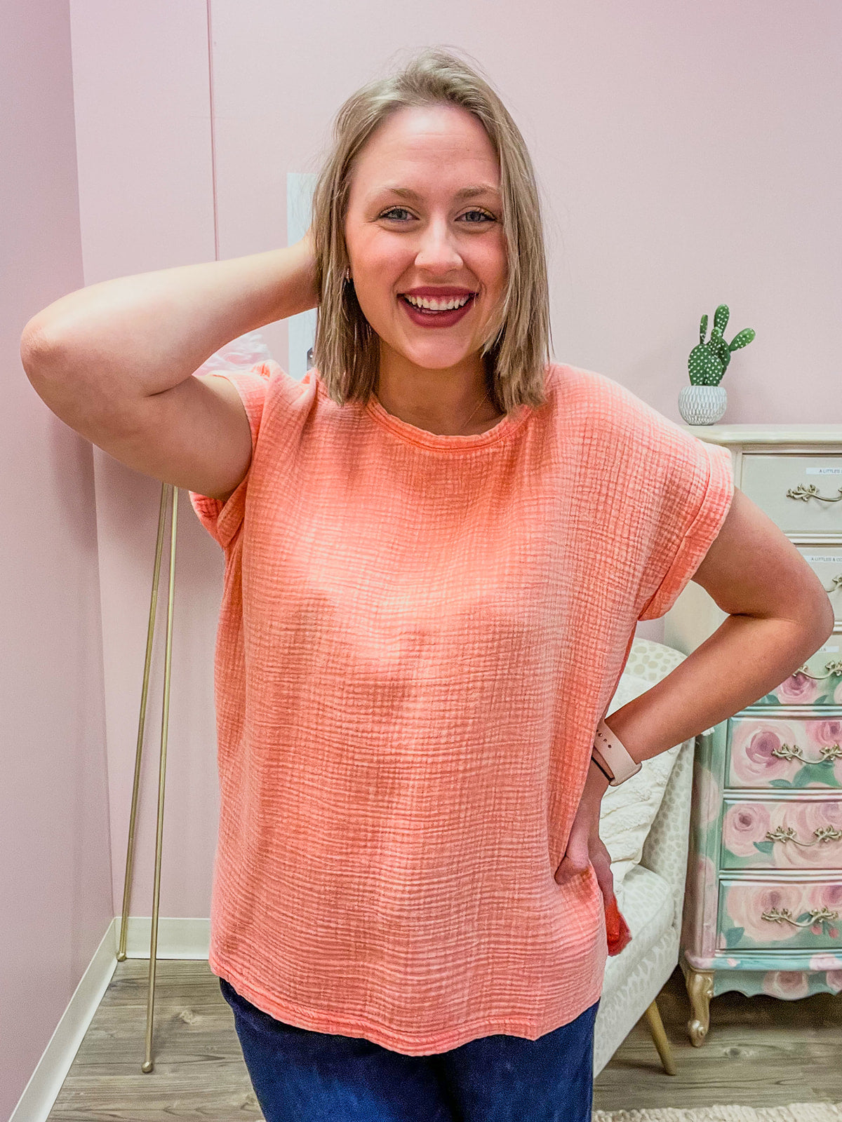 Casual Conversation Acid Washed Gauze Top in Coral