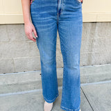 Midrise flare jeans in a soft vintage wash with a full-length leg and flattering silhouette.