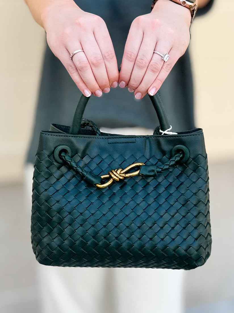 Forest green woven crossbody bag with gold hardware