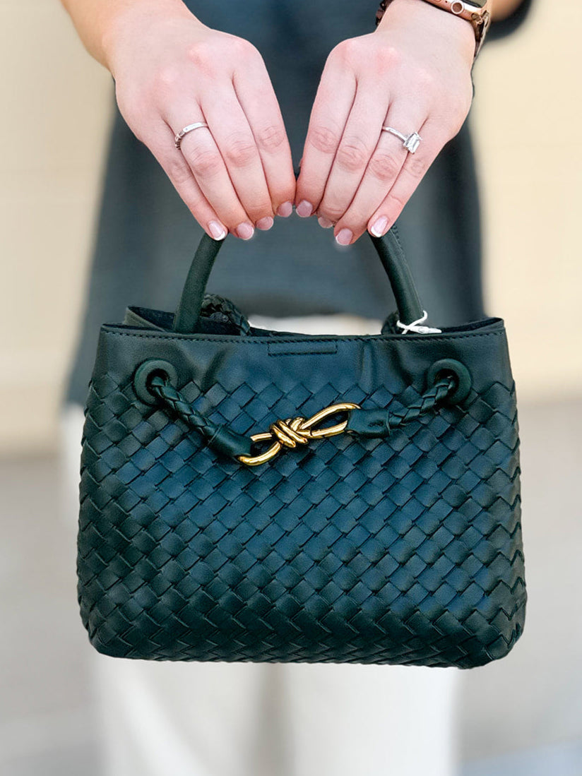 Forest green woven crossbody bag with gold hardware