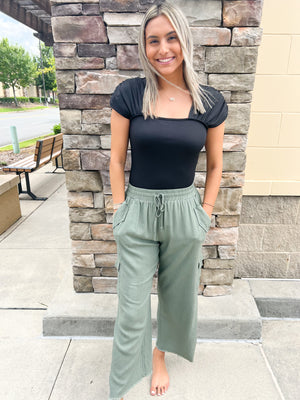 Brunch Linen Cargo Pants-Olive | Styled View