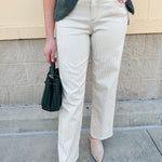 Sand stripe straight-leg pants with a relaxed tailored fit