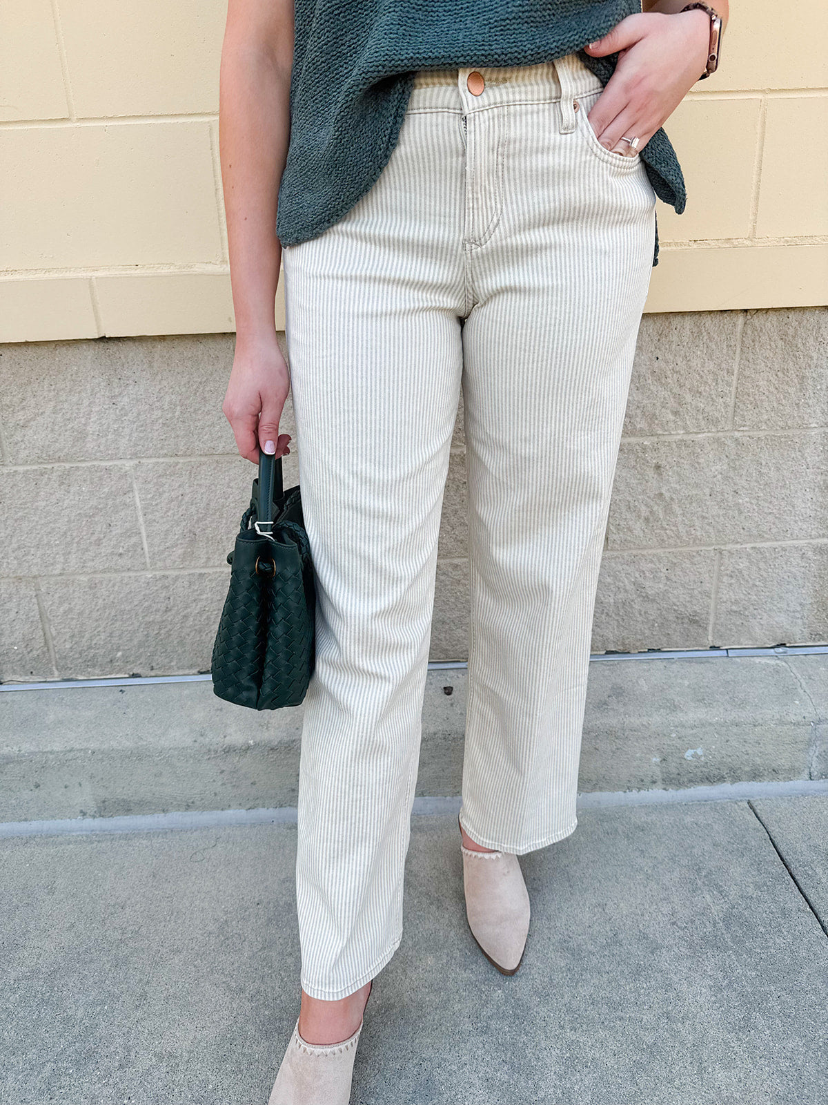 Sand stripe straight-leg pants with a relaxed tailored fit