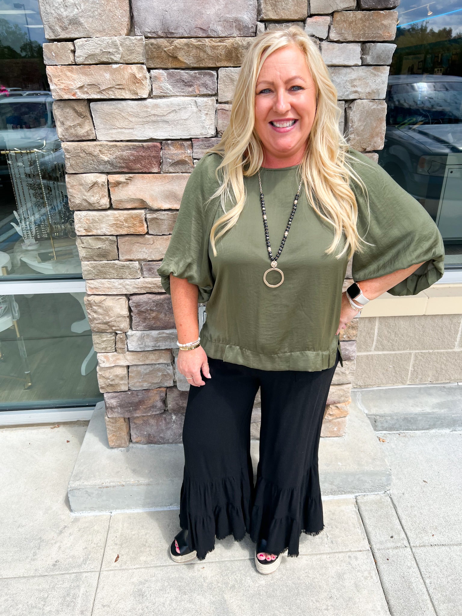 Lucky and Lovely Satin Balloon Sleeve Top-Olive | Styled View