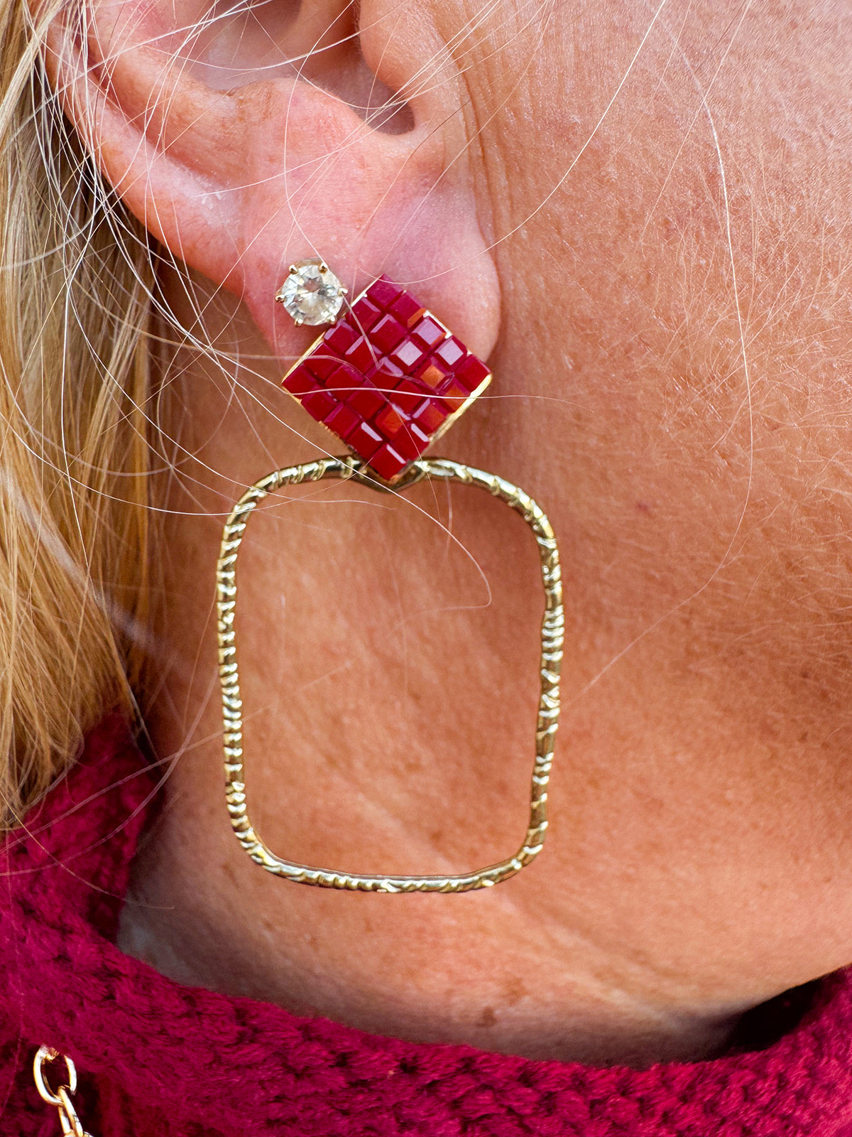 Maroon rectangle hoop earrings with a bold, modern design.