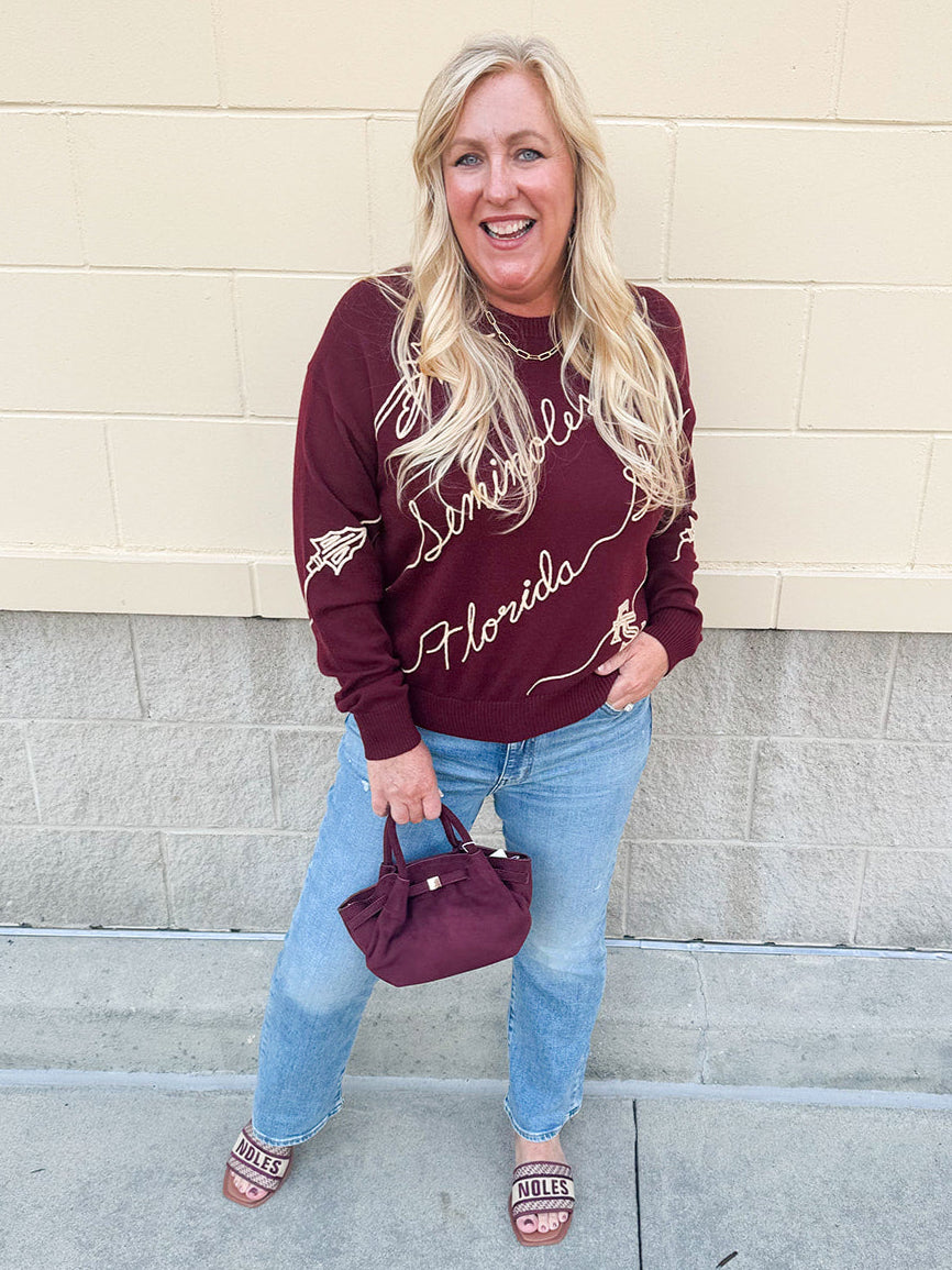 Garnet sweater with gold 3-d FSU detailing