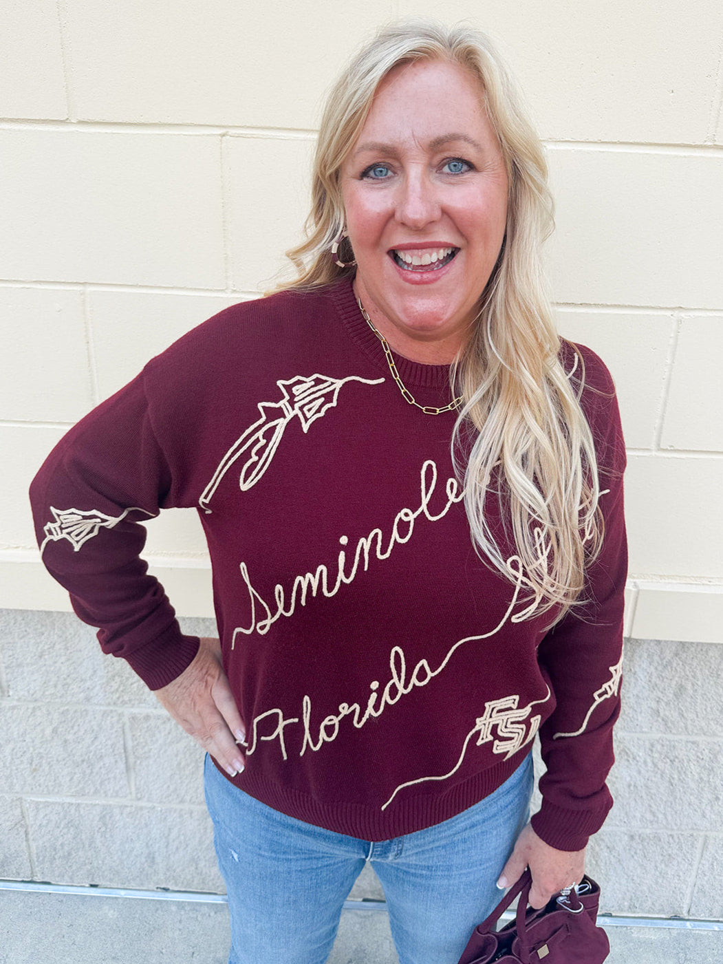Garnet sweater with gold 3-d FSU detailing