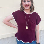 Drop shoulder short sleeve scallop hem knit sweater top with pocket