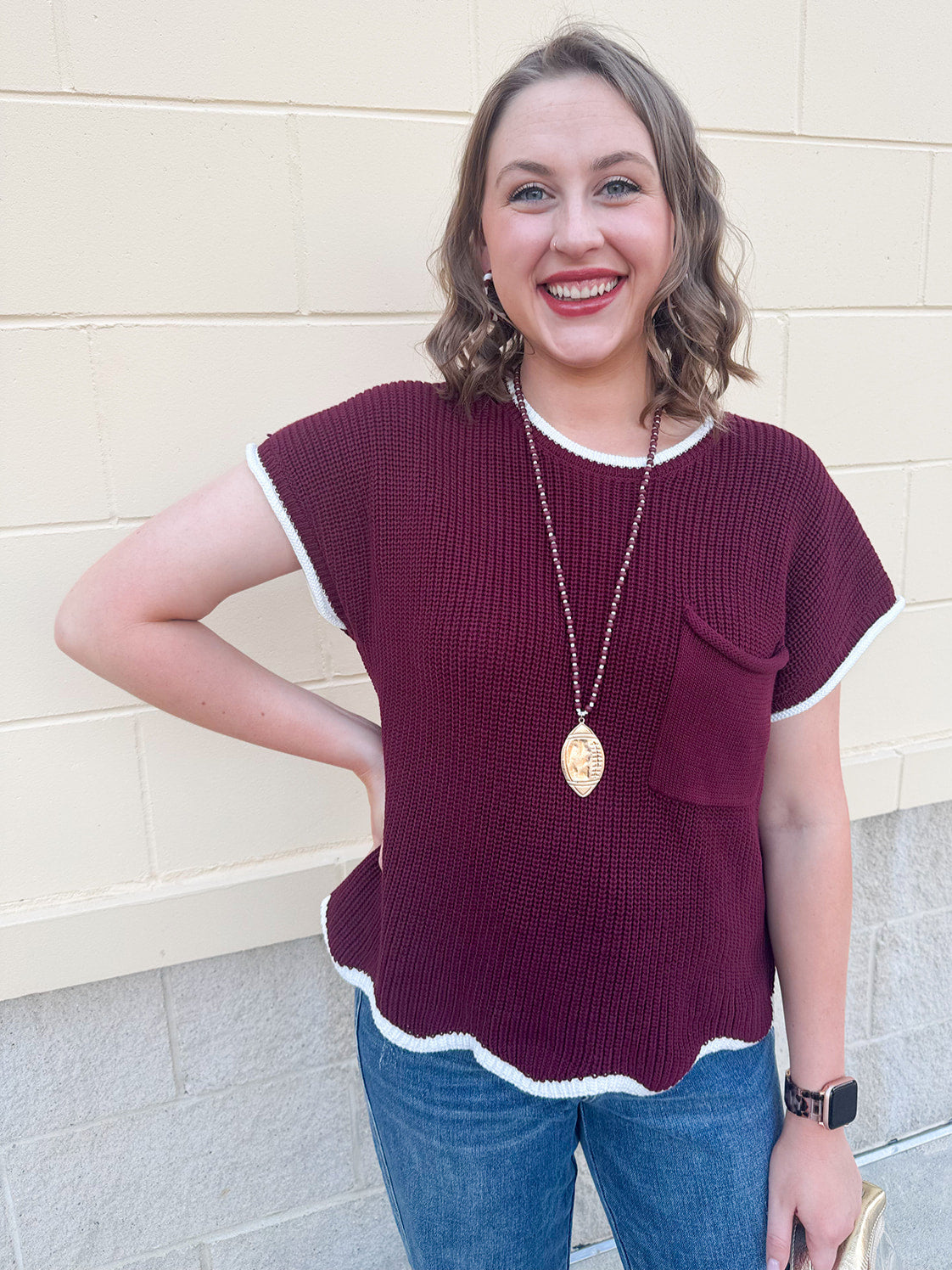 Drop shoulder short sleeve scallop hem knit sweater top with pocket
