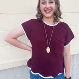 Drop shoulder short sleeve scallop hem knit sweater top with pocket