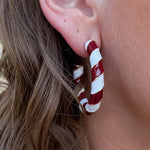 Garnet and white striped bamboo-style hoop earrings with gold trim