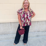 Abstract Garnet & Gold Satin Ruffle Blouse