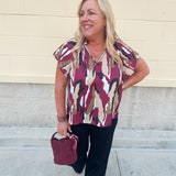 Abstract Garnet & Gold Satin Ruffle Blouse