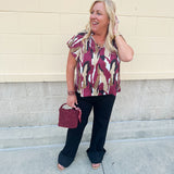 Abstract Garnet & Gold Satin Ruffle Blouse