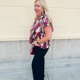 Abstract Garnet & Gold Satin Ruffle Blouse