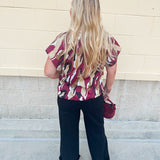 Abstract Garnet & Gold Satin Ruffle Blouse