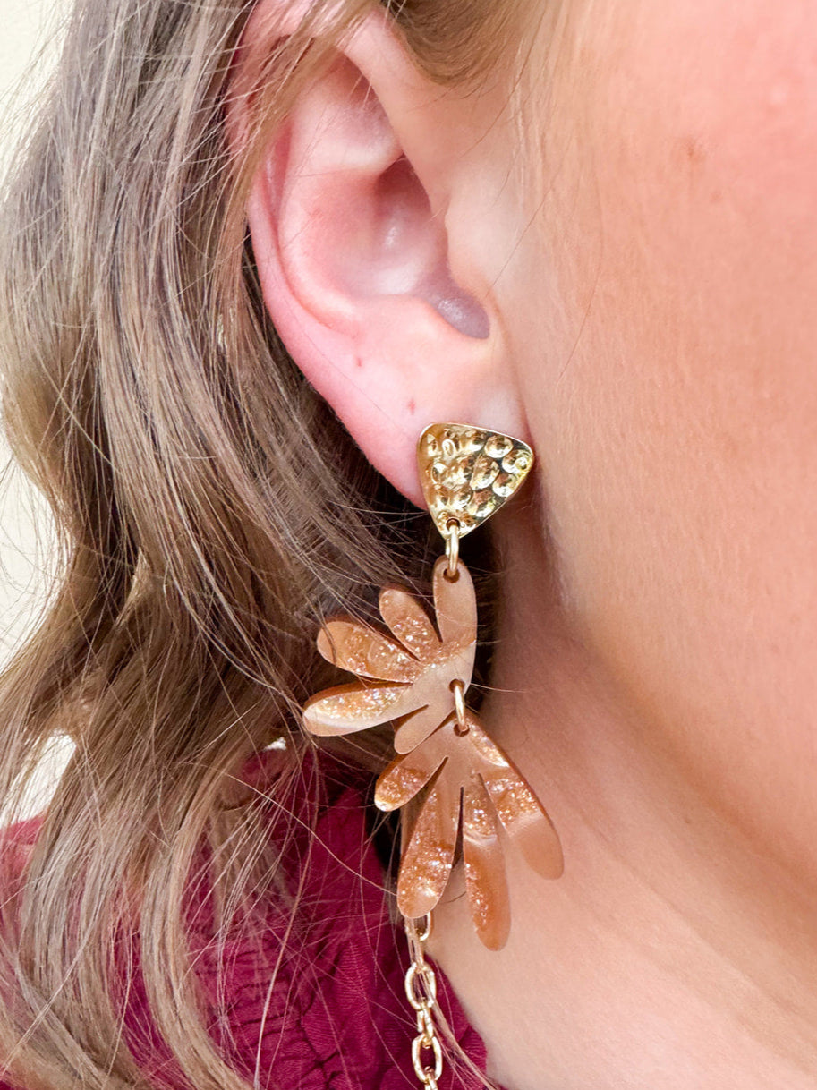 Bronze statement drop earrings with a fall-inspired design.