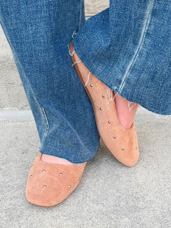 Corky’s Don’t Be Rude Flats in nude suede with gold studs, closed toe, and soft square toe design.
