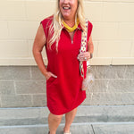 Garnet sleeveless knit polo mini dress with half zip and pockets