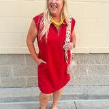 Garnet sleeveless knit polo mini dress with half zip and pockets