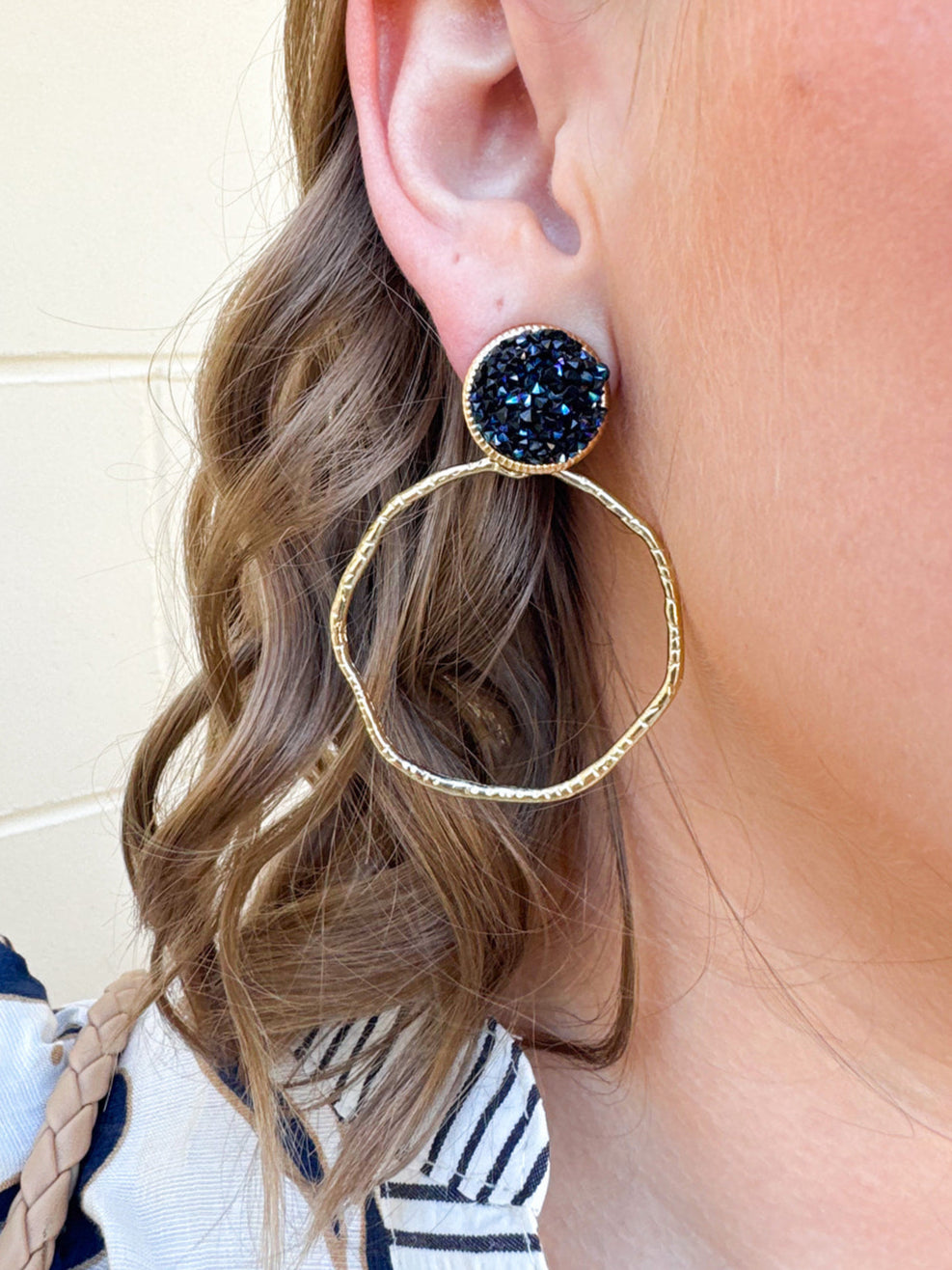 Navy Glitter Stack Gold Hoop Earrings, Lightweight & hypoallergenic. 