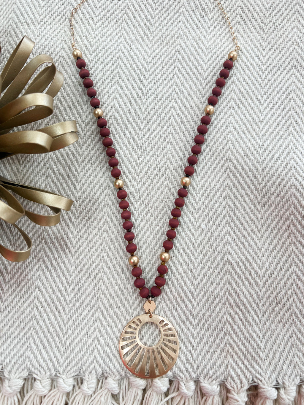 Round Filigree Wood Metal Bead Long Necklace