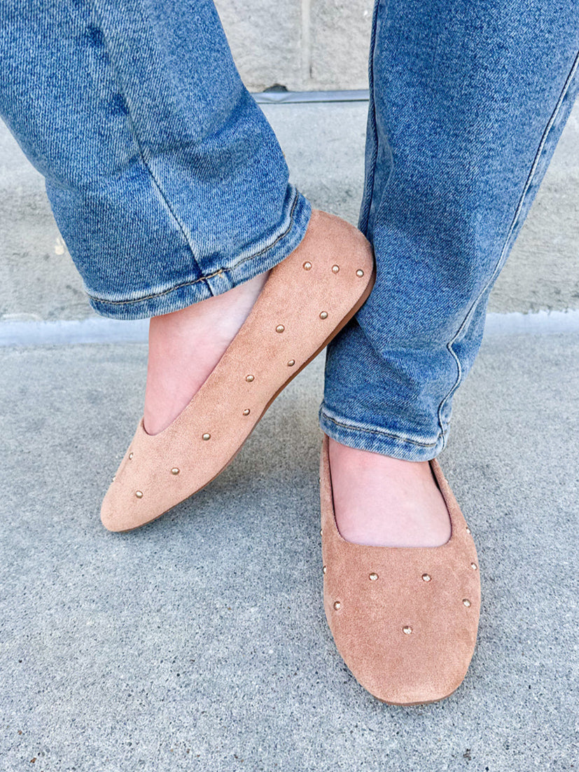 Corky’s Don’t Be Rude Flats in nude suede with gold studs, closed toe, and soft square toe design.