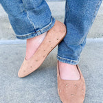 Corky’s Don’t Be Rude Flats in nude suede with gold studs, closed toe, and soft square toe design.