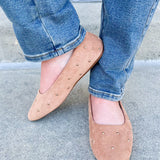 Corky’s Don’t Be Rude Flats in nude suede with gold studs, closed toe, and soft square toe design.