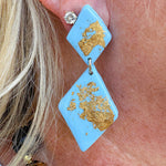 Light blue double diamond drop earrings with gold foil accents