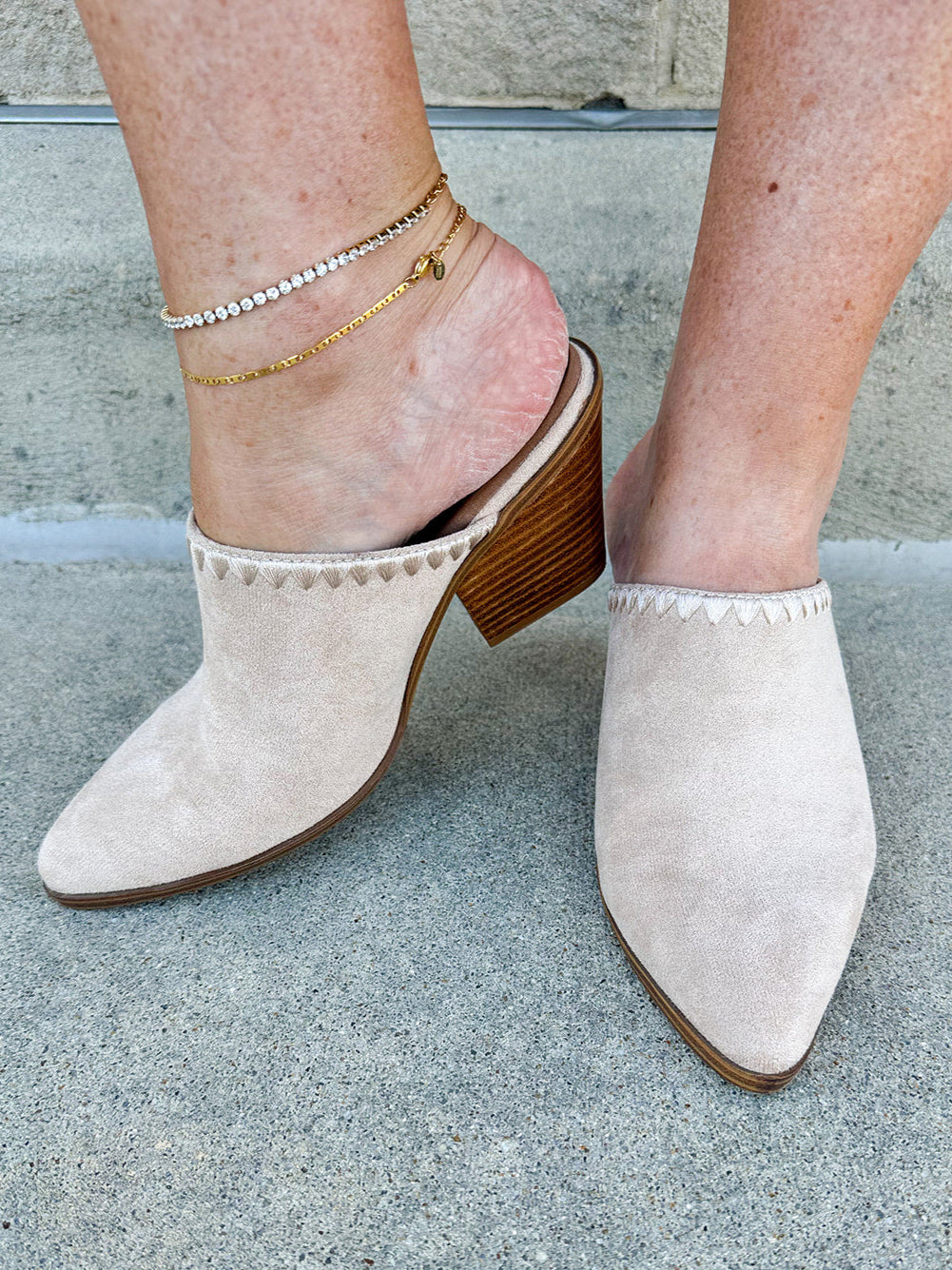  Tan faux suede pointed toe mule heels with a block heel by Corkys