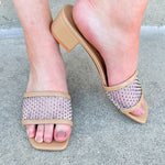 Rhinestone-studded slip-on heels with square toe, low block heel, and cushioned insole.