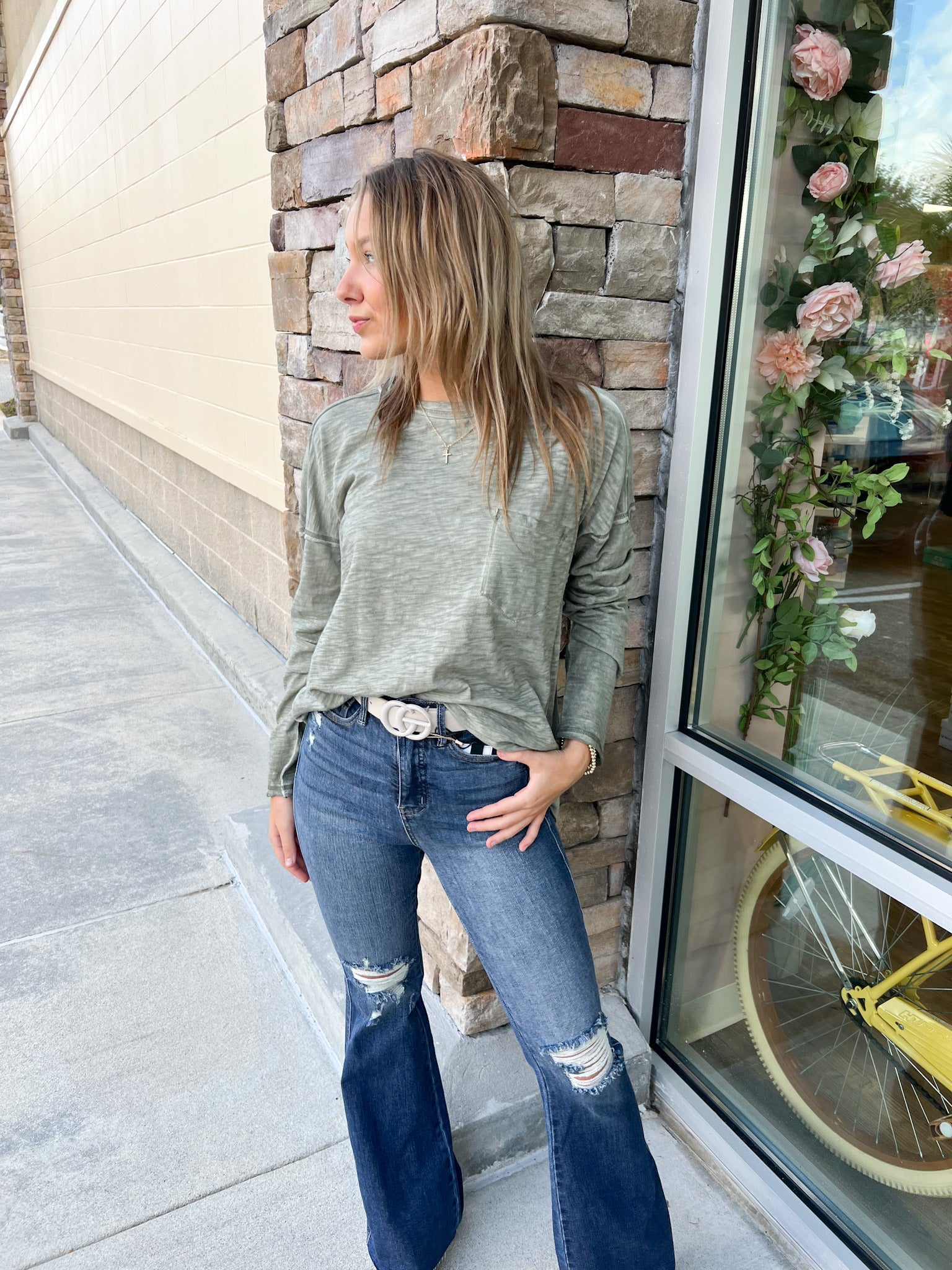 Chilly Morning Oversized Knit Top-Olive | Styled View