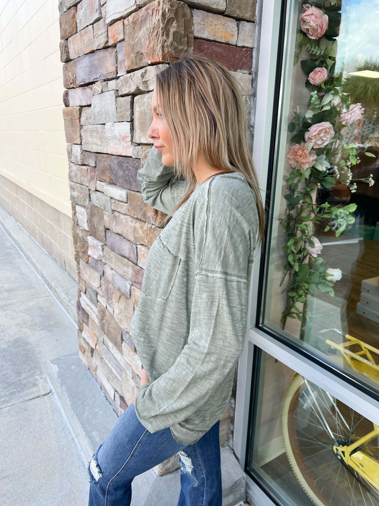 Chilly Morning Oversized Knit Top-Olive | Side View