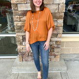 Lucky and Lovely Satin Balloon Sleeve Top-Ochre | Styled View