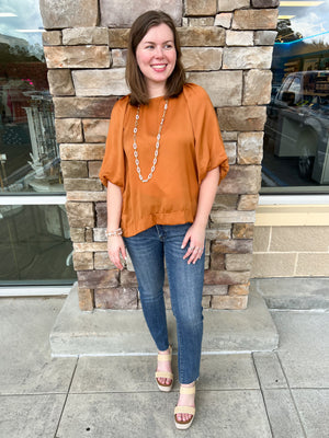 Lucky and Lovely Satin Balloon Sleeve Top-Ochre | Styled View