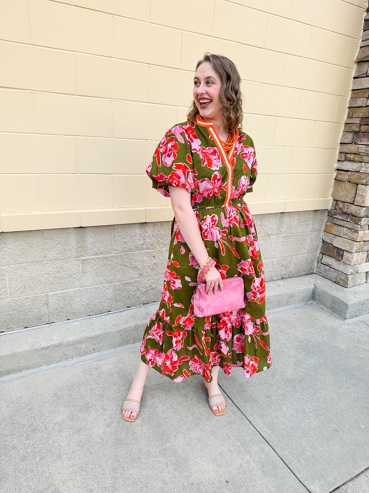 [THML] Garden Grace Olive Floral Dress