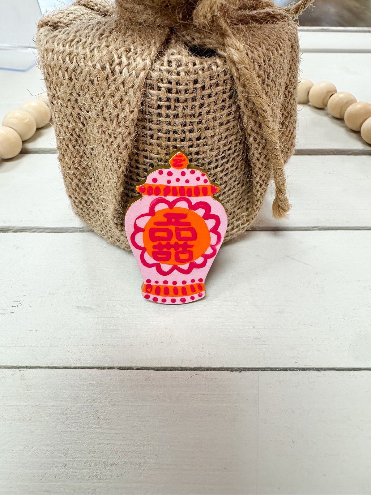 Hand painted pink and orange ginger jar needle minder