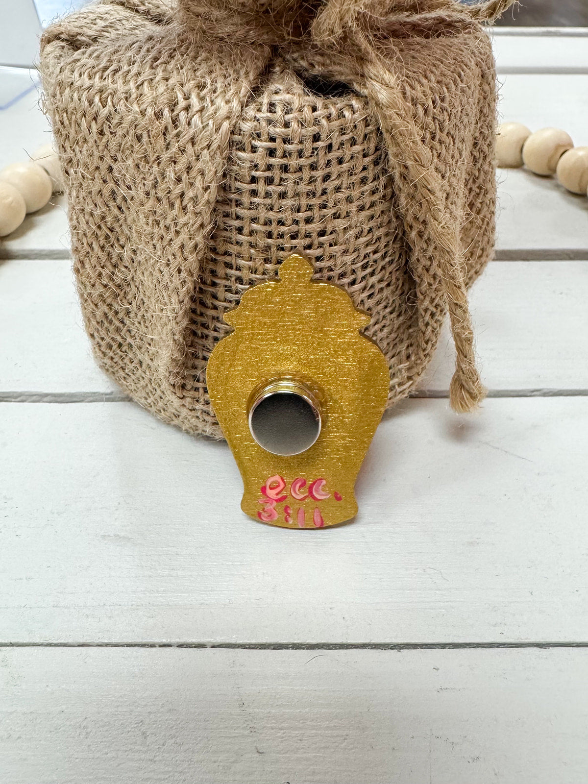 Hand painted pink and orange ginger jar needle minder