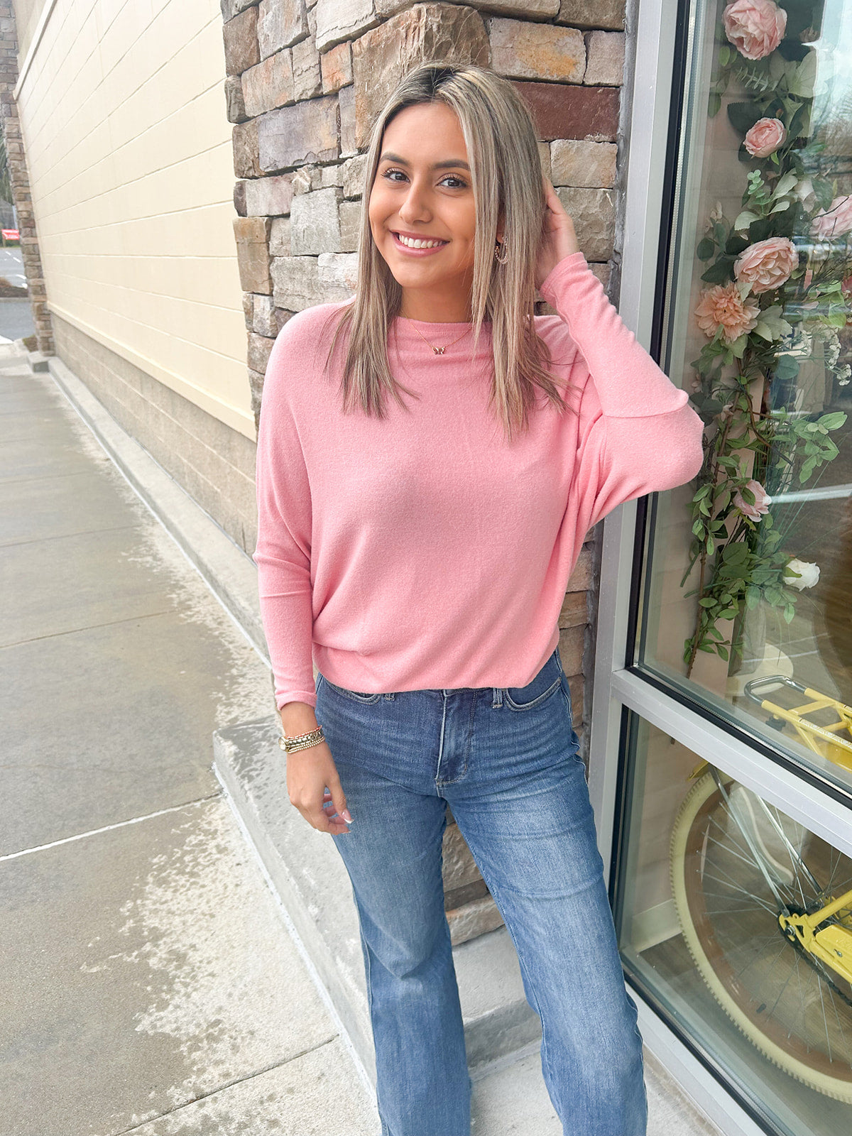 Late Night Dolman Sleeve Top-Pink | Styled View