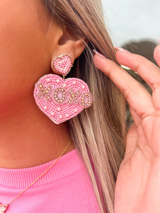 Xoxo Heart Shaped Valentine Beaded Earrings- Pink
