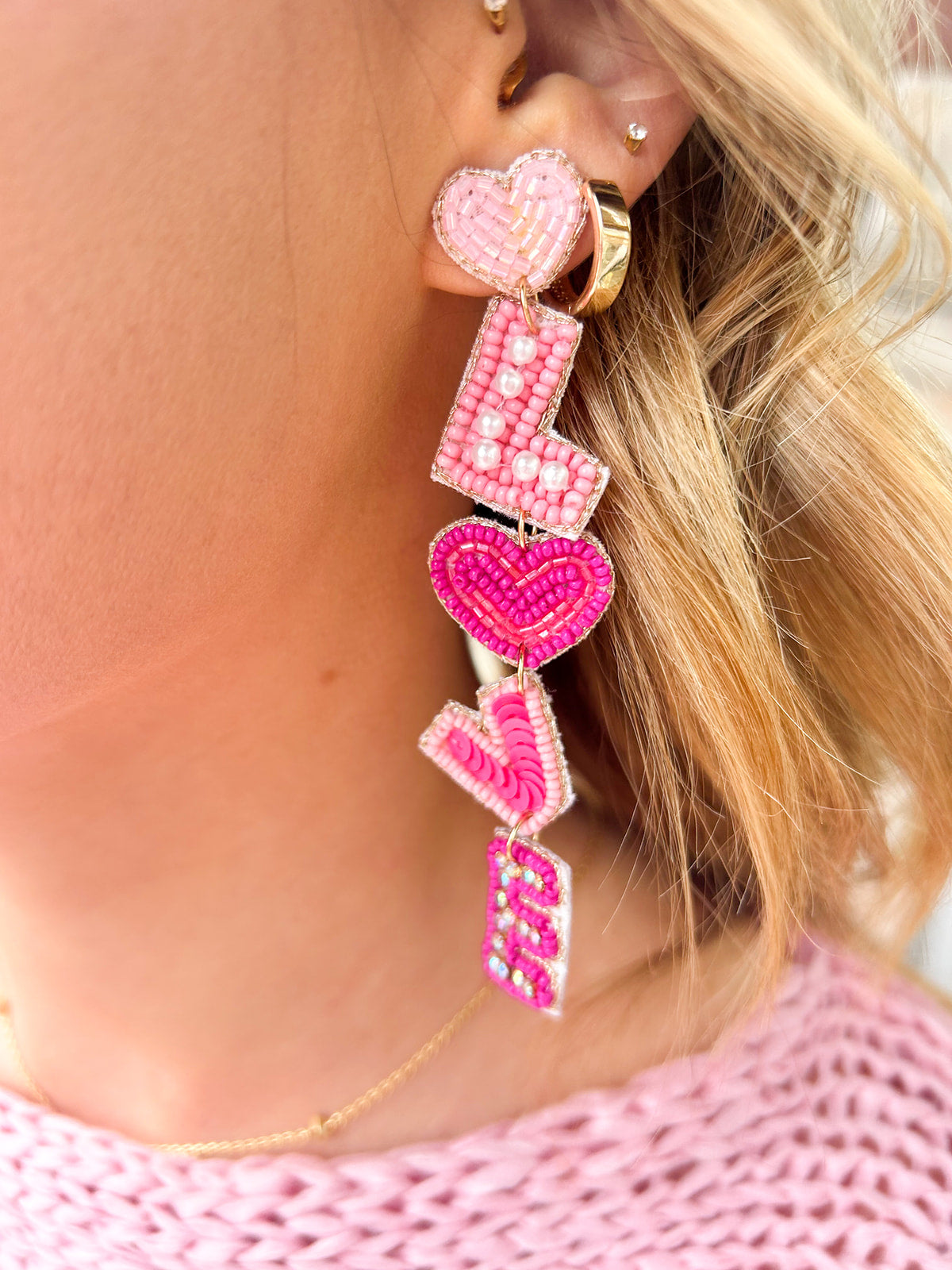 Love Seed Beaded Long Drop Earrings-Pink