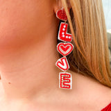 Love Seed Beaded Long Drop Earrings-Red