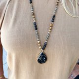 Natural Stone Bead Necklace with Stone Pendant-Black