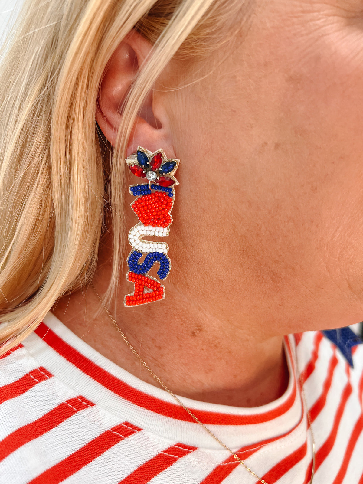 I Love USA Patriotic Beaded Earrings | Front View