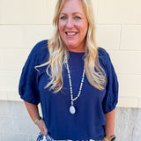 Passing Time Linen Bubble Sleeve Top in Navy